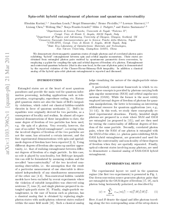 (PDF) Spin-orbit hybrid entanglement of photons and quantum contextuality