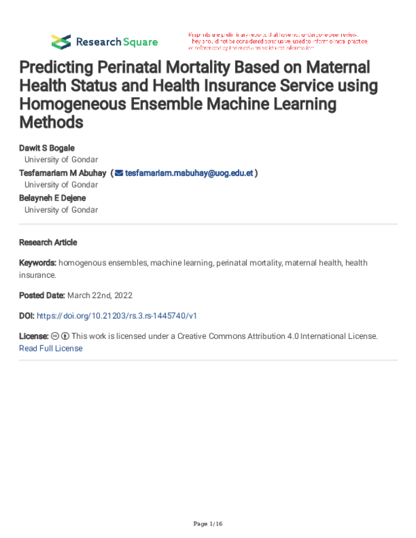 (PDF) Predicting Perinatal Mortality Based on Maternal Health Status ...