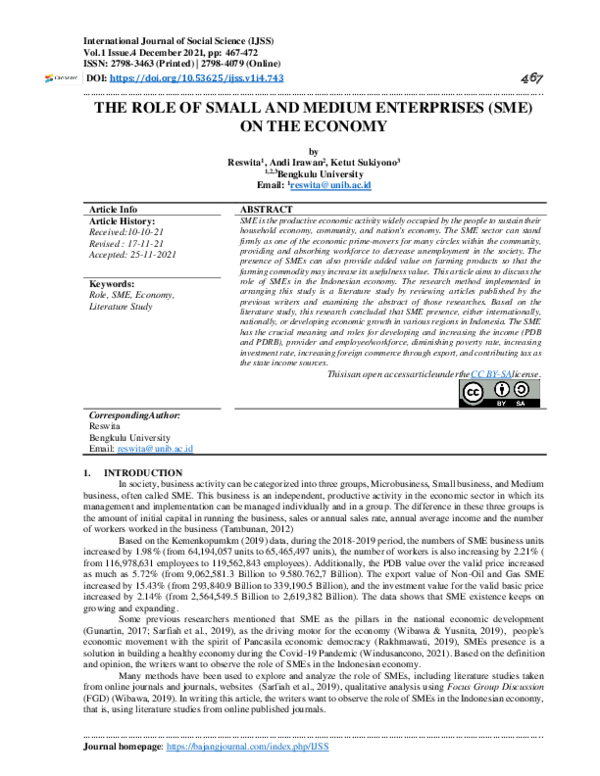 (PDF) The Role of Small and Medium Enterprises (Sme) on the Economy