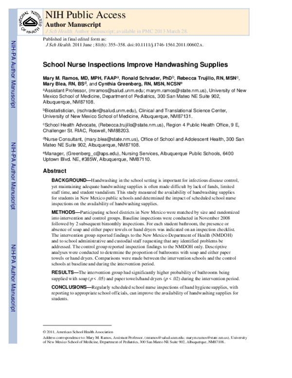 (PDF) School Nurse Inspections Improve Handwashing Supplies