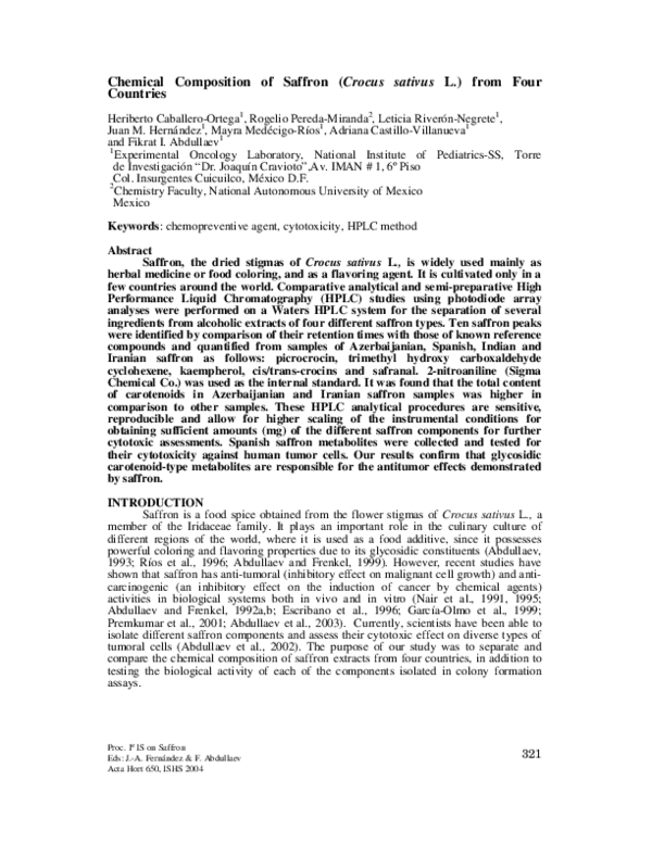 (PDF) Chemical Composition of Saffron (Crocus Sativus L.) from Four Countries Radu Victor Tapu