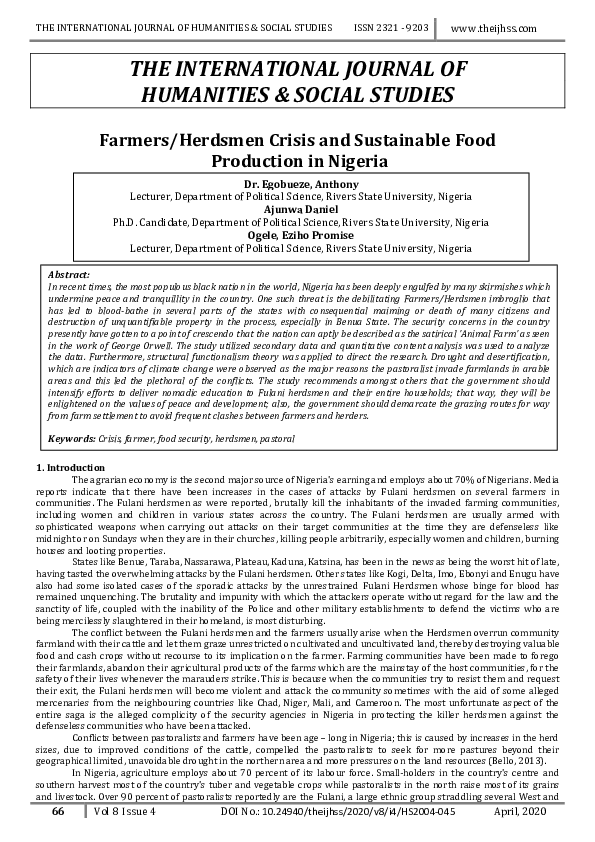 (PDF) Farmers/Herdsmen Crisis and Sustainable Food Production in