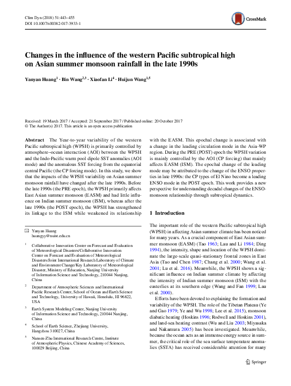 (PDF) Changes in the influence of the western Pacific subtropical high ...