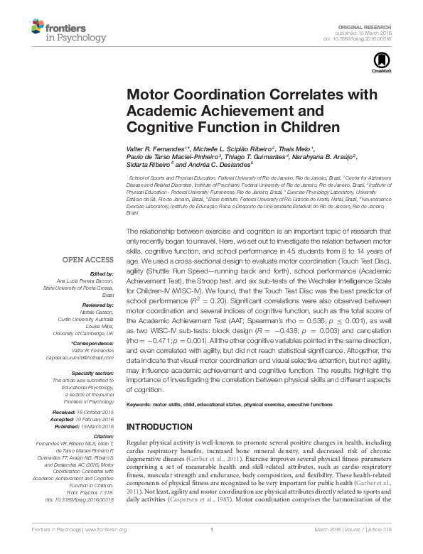 (PDF) Motor Coordination Correlates with Academic Achievement and ...