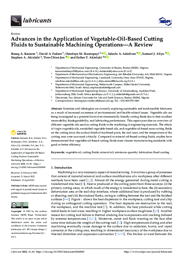 (PDF) Advances in the Application of VegetableOilBased Cutting Fluids to Sustainable Machining