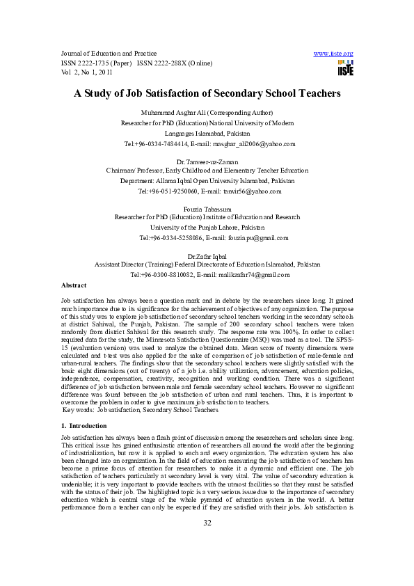 (PDF) A Study of Job Satisfaction of Secondary School Teachers