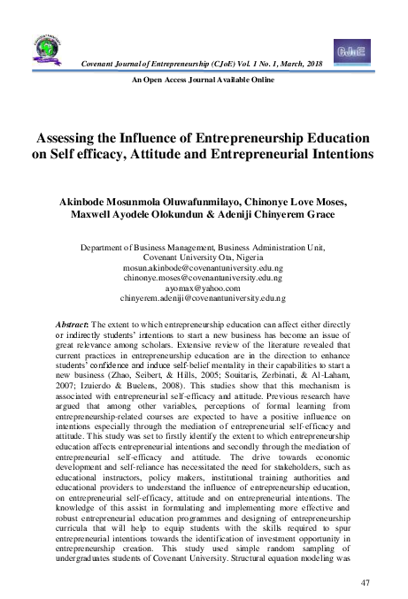 (PDF) Assessing the Influence of Entrepreneurship Education on Self ...