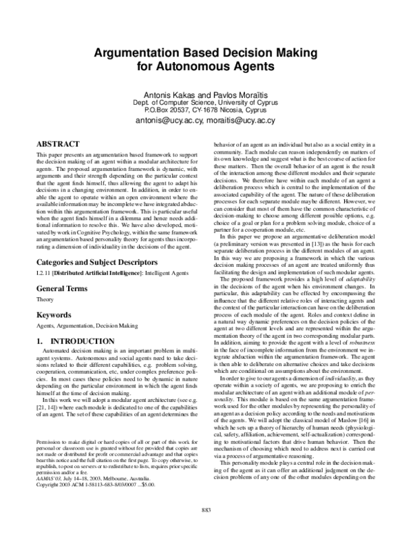 (PDF) Argumentation based decision making for autonomous agents