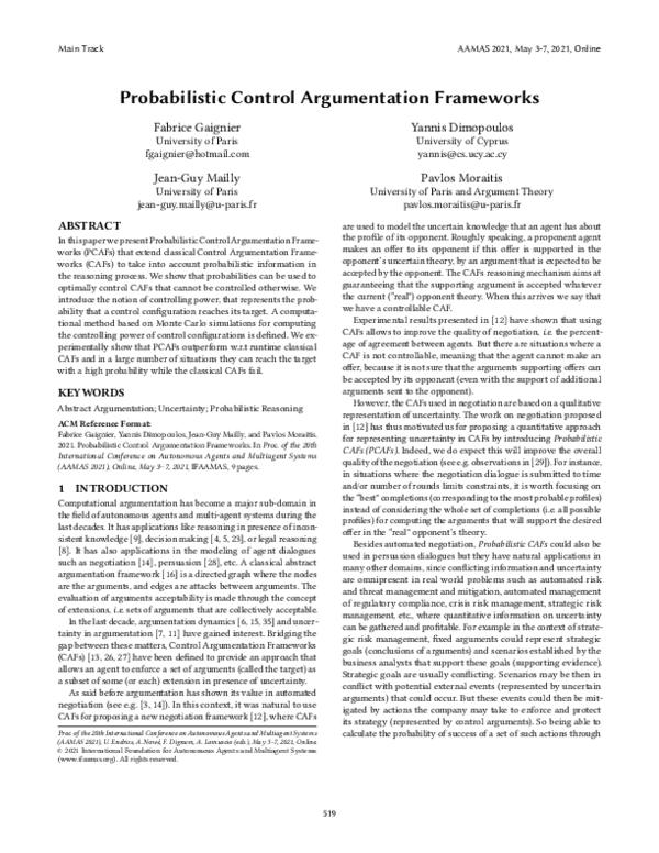 (PDF) Probabilistic Control Argumentation Frameworks