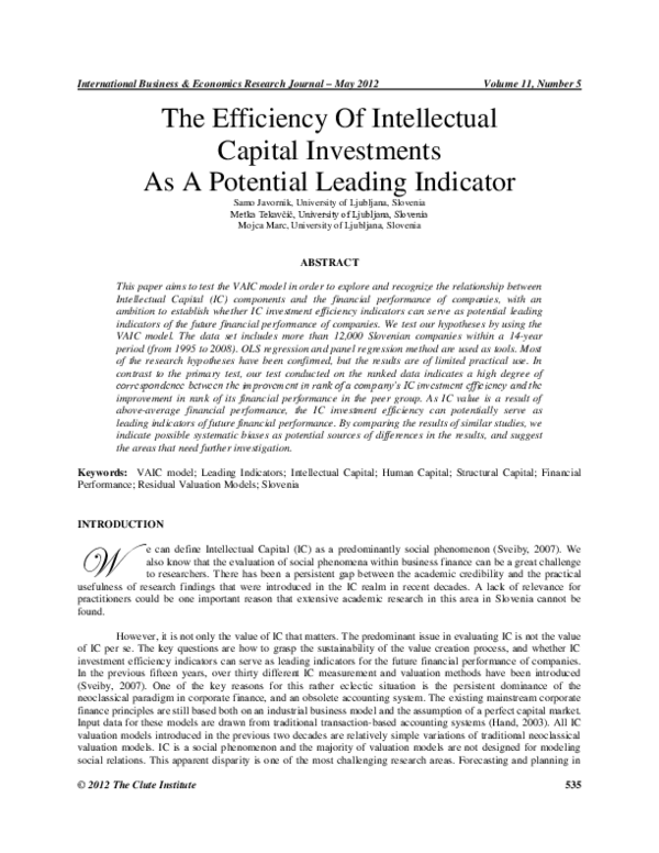 (PDF) The Efficiency Of Intellectual Capital Investments As A Potential ...