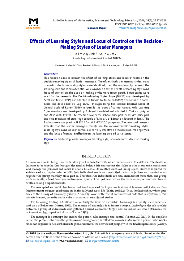 (PDF) Effects of Learning Styles and Locus of Control on the Decision ...