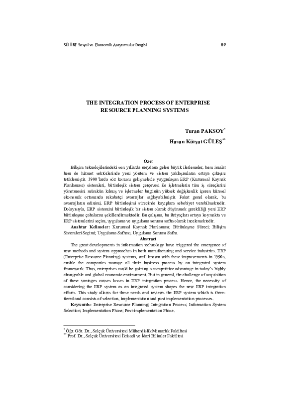 (PDF) The Integration Process of Enterprise Resource Planning Systems