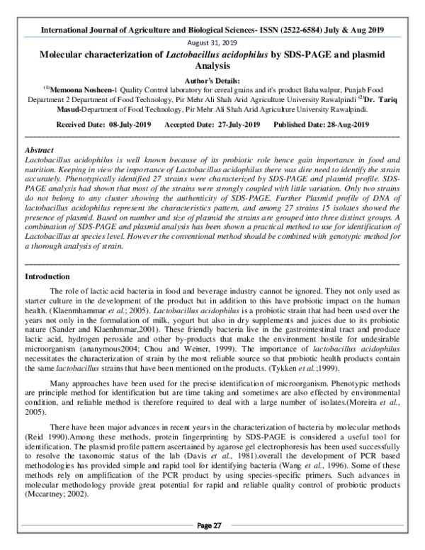 (PDF) Molecular Characterization of Lactobacillus Acidophilus by SDS ...