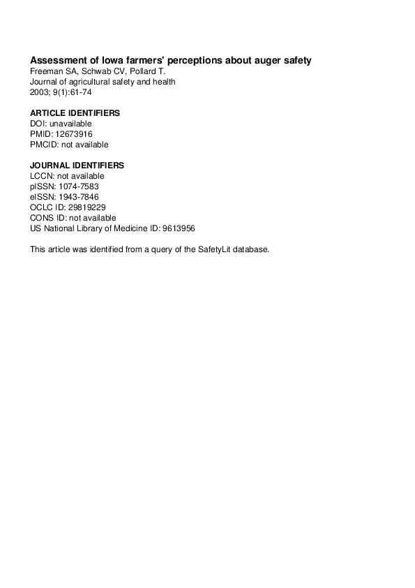 (PDF) Assessment of Iowa Farmersâ Perceptions about Auger Safety