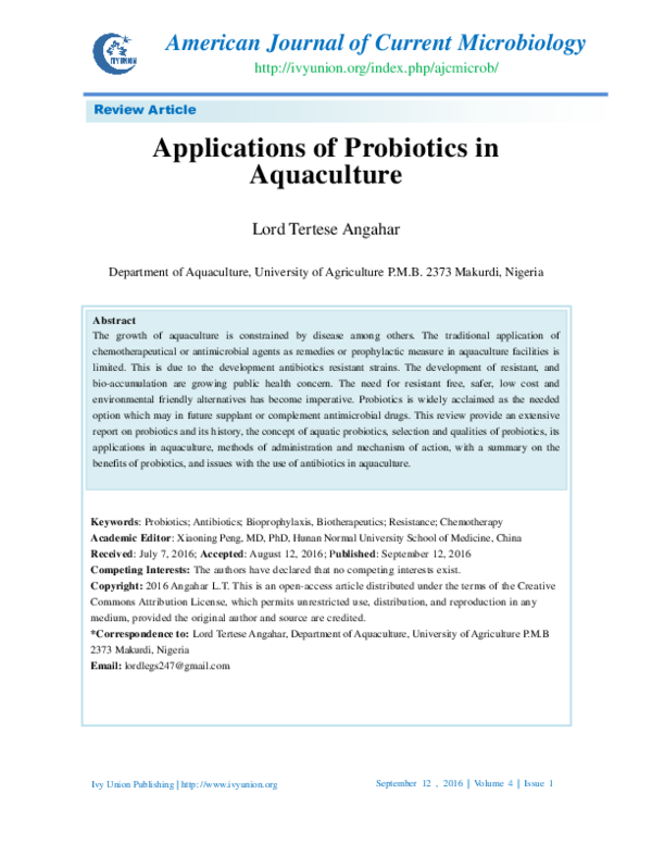 (PDF) Applications of Probiotics in Aquaculture