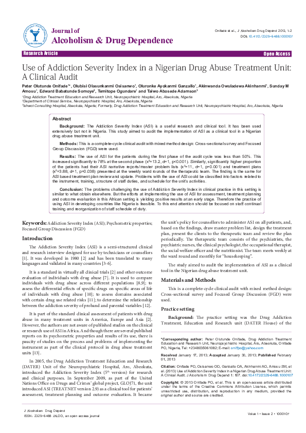 (PDF) Use of Addiction Severity Index in a Nigerian Drug Abuse ...