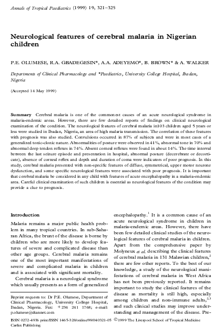 (PDF) Neurological features of cerebral malaria in Nigerian children