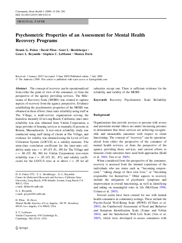 (PDF) Psychometric Properties of an Assessment for Mental Health ...