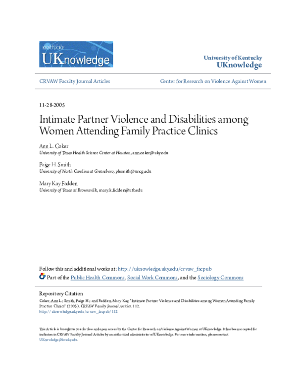 (PDF) Intimate Partner Violence and Disabilities among Women Attending ...