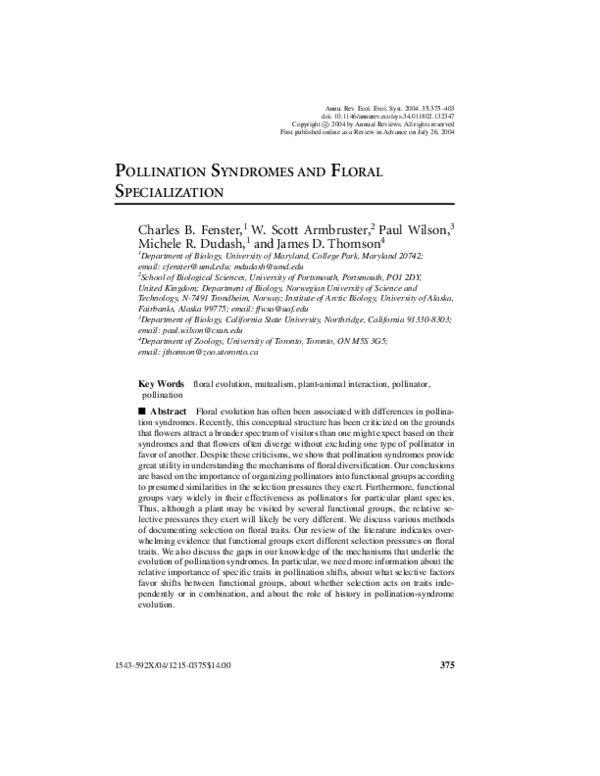 (PDF) Pollination Syndromes and Floral Specialization