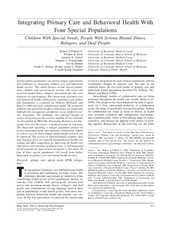 (PDF) Integrating primary care and behavioral health with four special ...
