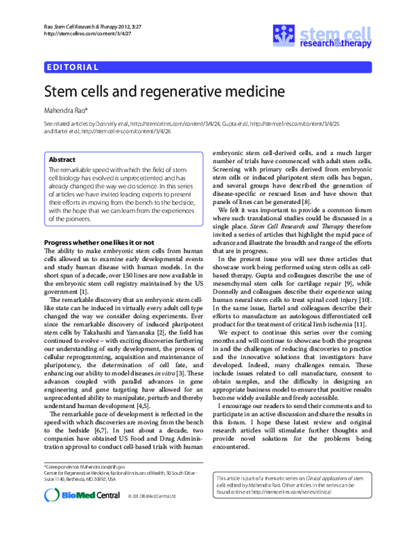 (PDF) Stem cells and regenerative medicine