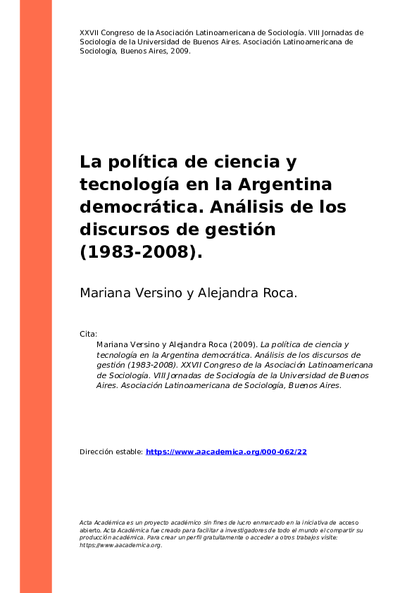 (PDF) La política de ciencia y tecnología en la Argentina democrática ...