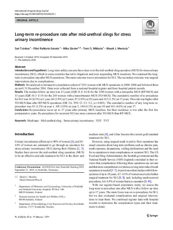 (PDF) Long-term re-procedure rate after mid-urethral slings for stress ...
