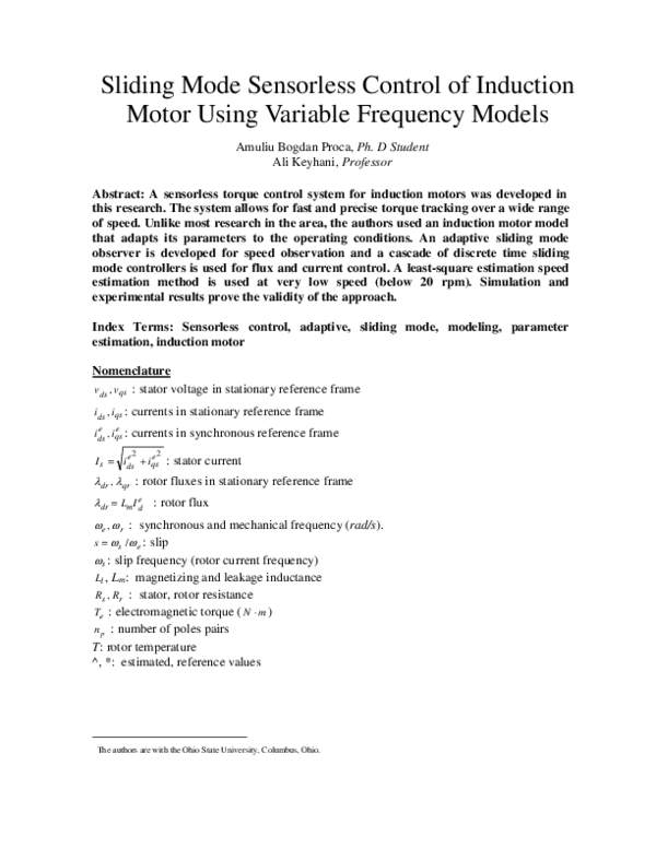 (PDF) Sliding Mode Sensorless Control of Induction Motor Using Variable ...