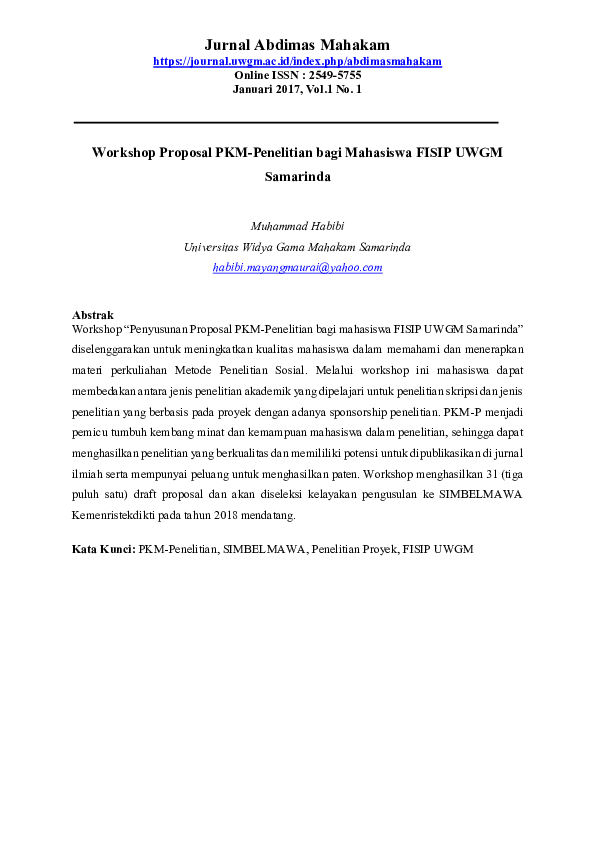 (PDF) Workshop Proposal PKM-Penelitian bagi Mahasiswa FISIP UWGM Samarinda