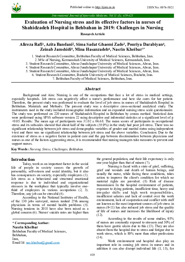 (PDF) Evaluation of Nursing stress and its effective factors in nurses ...