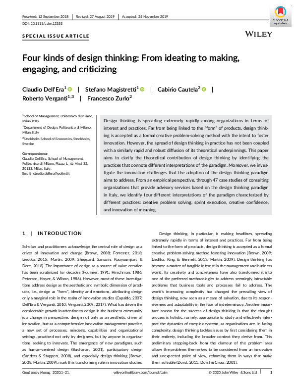 (PDF) Four kinds of design thinking: From ideating to making, engaging ...
