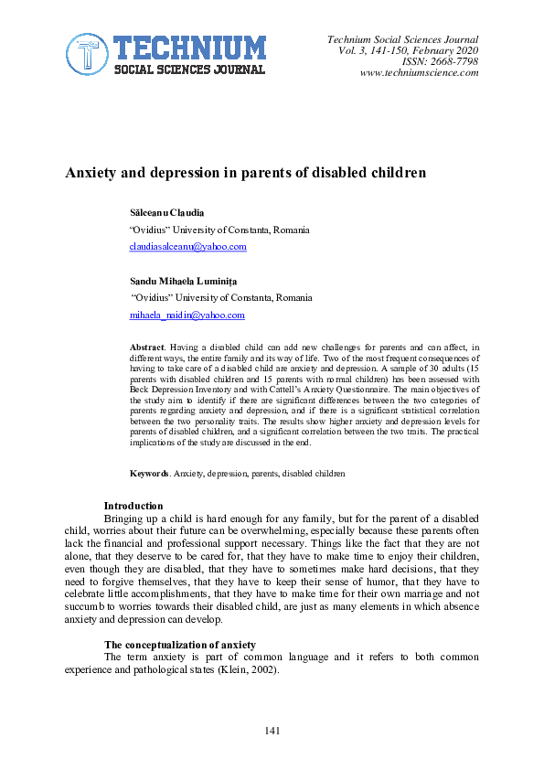 (PDF) Anxiety and depression in parents of disabled children