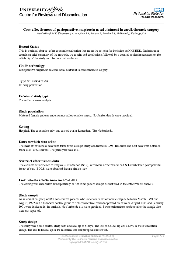 (PDF) CostEffectiveness of Perioperative Mupirocin Nasal Ointment in