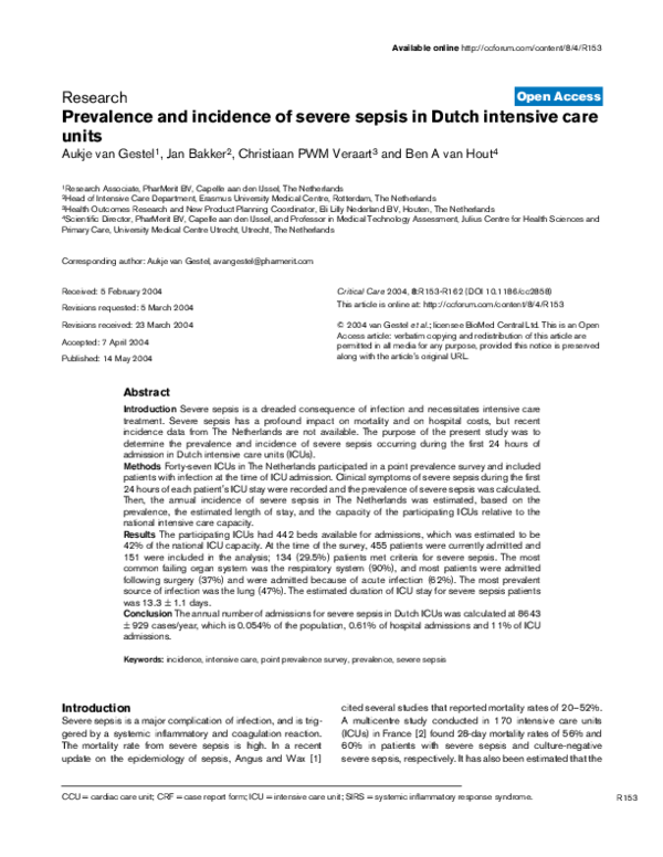 (PDF) Prevalence and incidence of severe sepsis in Dutch intensive care ...
