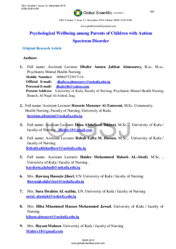 (PDF) Psychological Wellbeing among Parents of Children with Autism ...