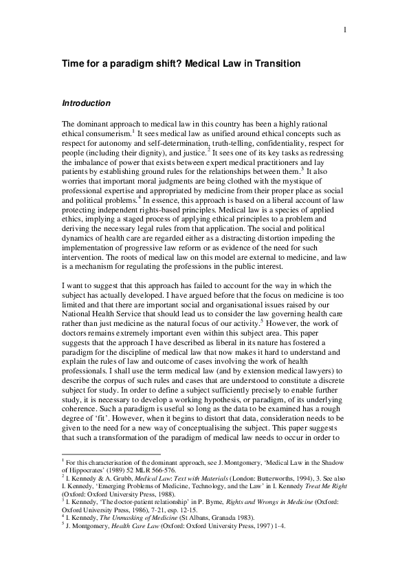 (PDF) Time for a Paradigm Shift? Medical Law in Transition