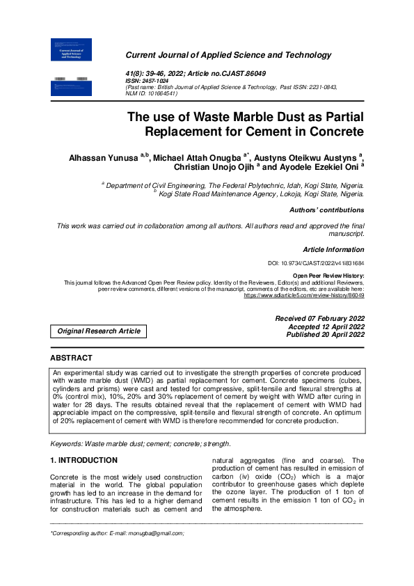 (PDF) The use of Waste Marble Dust as Partial Replacement for Cement in ...
