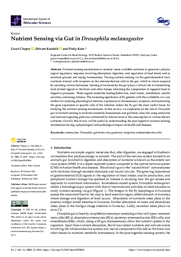 (PDF) Nutrient Sensing via Gut in Drosophila melanogaster