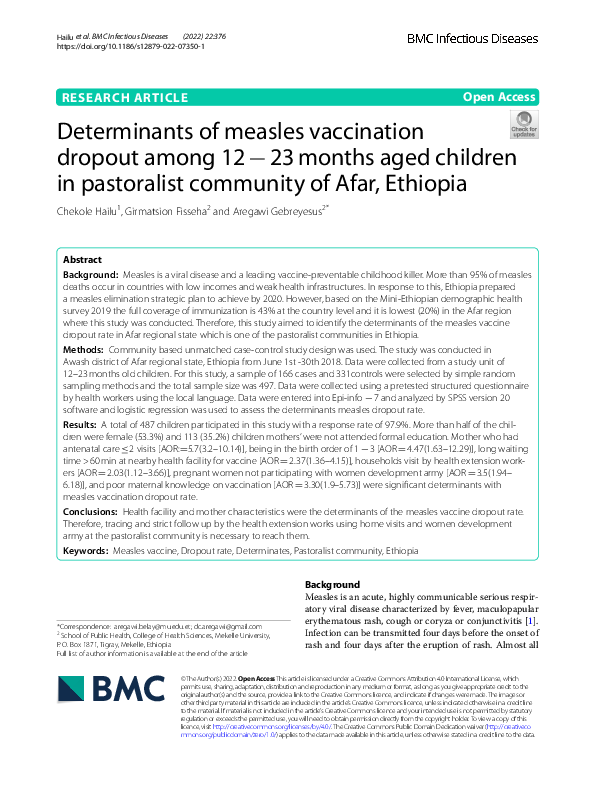 (PDF) Determinants of measles vaccination dropout among 12 − 23 months ...