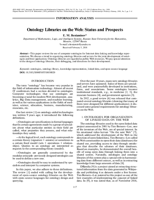 (PDF) Ontology Libraries on the Web: Status and Prospects | Evgeny ...
