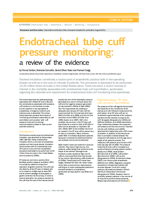 (PDF) Endotracheal Tube Cuff Pressure Monitoring: A Review of the Evidence