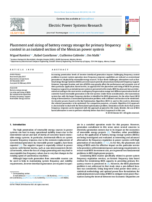 (PDF) Placement and sizing of battery energy storage for primary ...