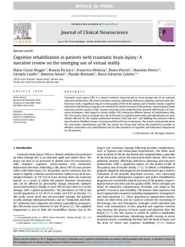 (PDF) Cognitive rehabilitation in patients with traumatic brain injury ...