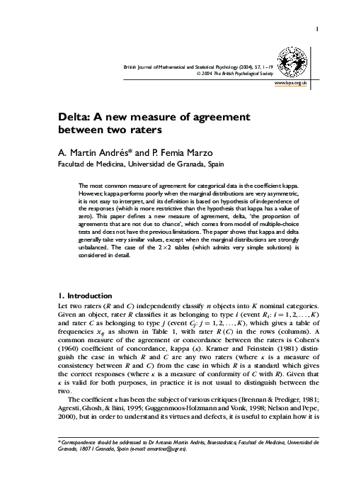 (PDF) Delta: A new measure of agreement between two raters