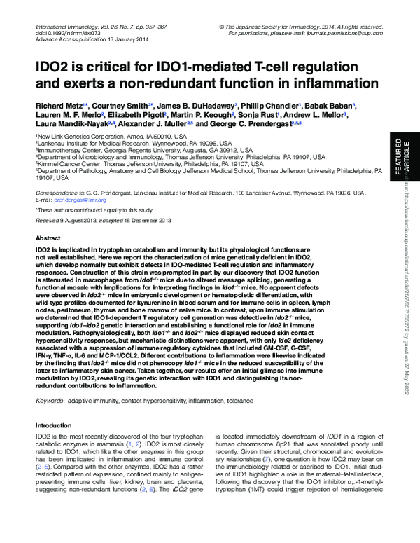 (PDF) IDO2 is critical for IDO1-mediated T-cell regulation and exerts a ...