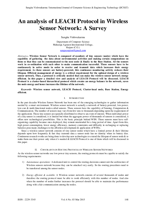 (PDF) An analysis of LEACH Protocol in Wireless Sensor Network: A Survey