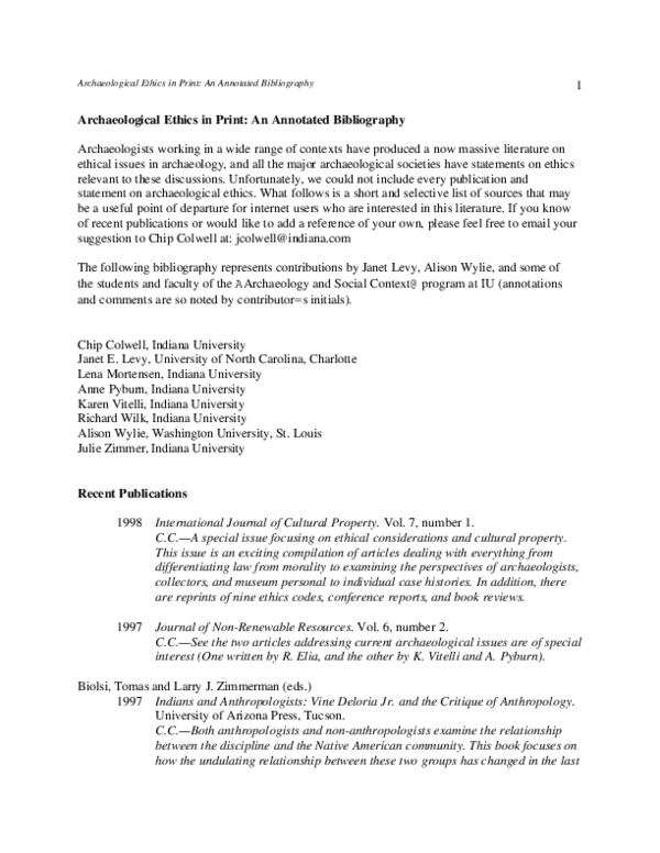 (PDF) Archaeological Ethics In Print An Annotated Bibliography