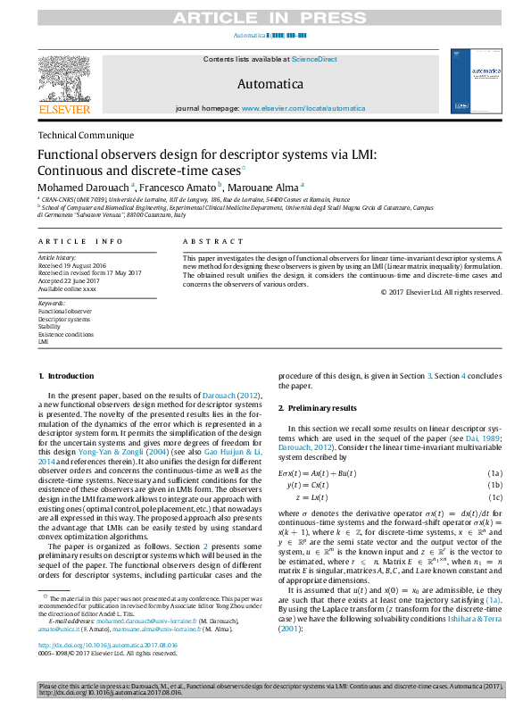 (PDF) Functional observers design for descriptor systems via LMI ...