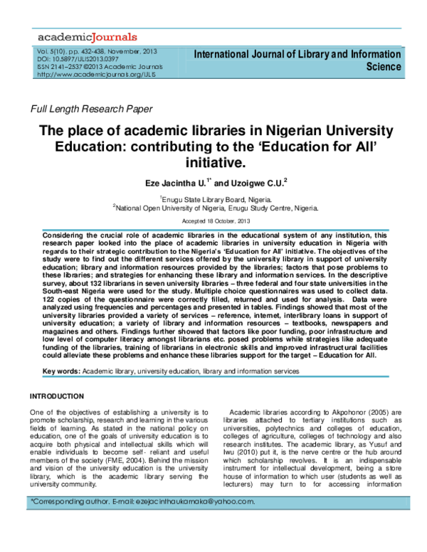 (PDF) The place of academic libraries in Nigerian University Education ...